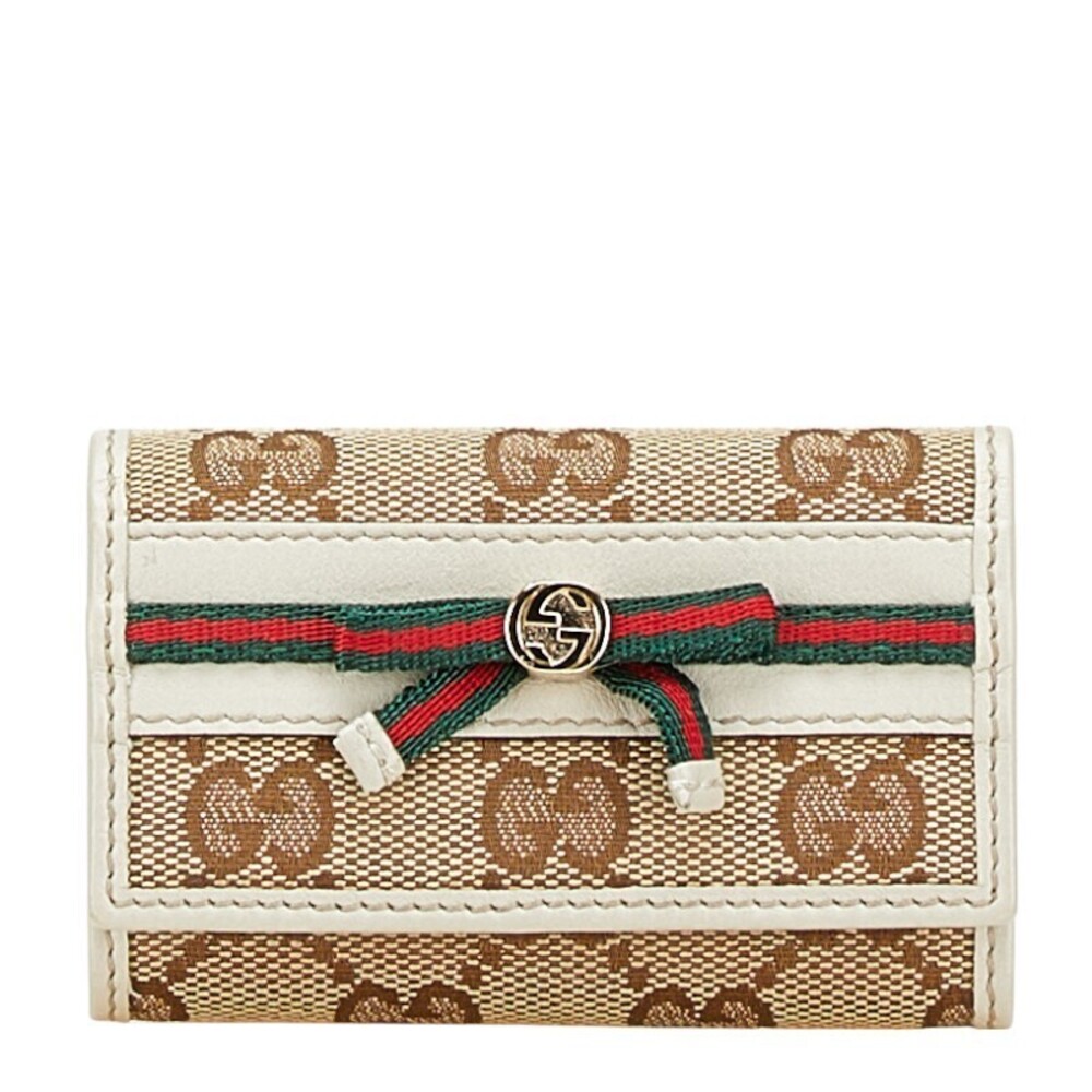 Gucci GG Canvas Sherry Ribbon Key Case Wallet Beige Cream Multicolor Leather